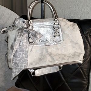 Coach silver metallic purse with a scarf